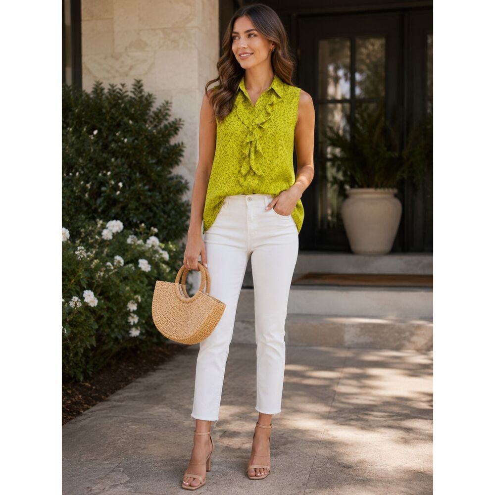 Cabi Reign Blouse Chartreuse Yellow Size Small Ruffled Button Front Sleeveless